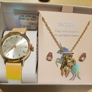 Iridescent watch, necklace, earrings set